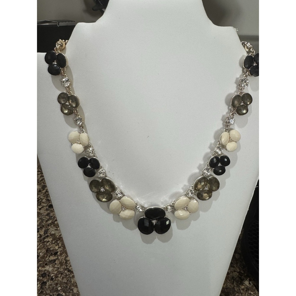 Dana Buchman Silver Black Cream Gold Enamel Flower Collar Statement Necklace